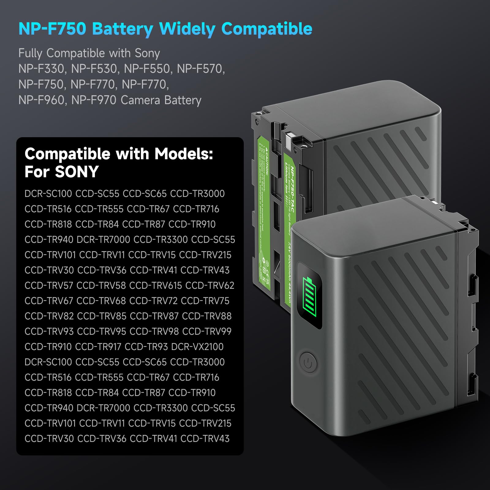 2 Baterías NP-F750 de 6600 mAh con Cable Micro USB para Sony NPF F980 F970 F960 F930 F770 F750 F550 Batería o lámpara de vídeo LED YN660 LED308