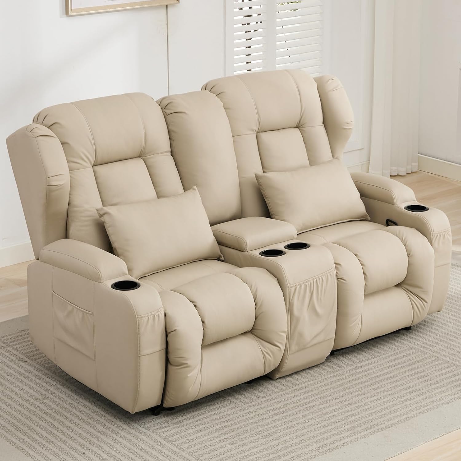 Loveseat Recliner Sofa,RV Wall Hugger Recliners for Small Spaces,Reclining Loveseat Sofa Recliner with Cup Holders/Lumbar Pillows,RV Furniture (Beige, Loveseat with Console)