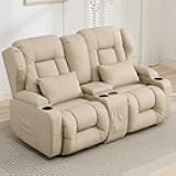 Loveseat Recliner Sofa,RV Couch Wall Hugger Recliners for Small Spaces,Fabric Reclining Loveseat Sofa Recliner with Cup Holders/Lumbar Pillows,RV Furniture (Beige, Loveseat with Console)