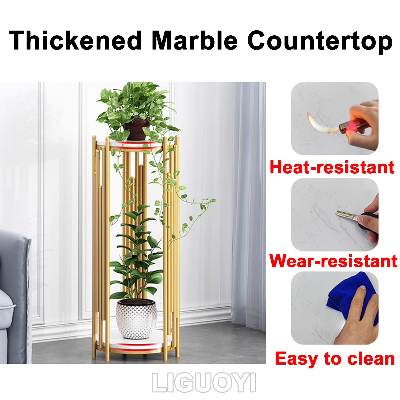 Support à Plantes 2 étages Aspect Marbre - Structure Métal Doré - 75 Cm De Haut - Capacité 15 Kg