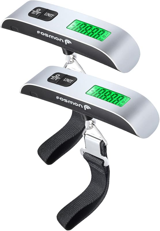 Báscula digital para equipaje, báscula para equipaje de valija de 110 libras, paquete de 2 plateado | Pantalla LCD retroiluminada, sensor de temperatura, función de tara, diseño duradero de acero inoxidable, báscula de peso para valija colgante