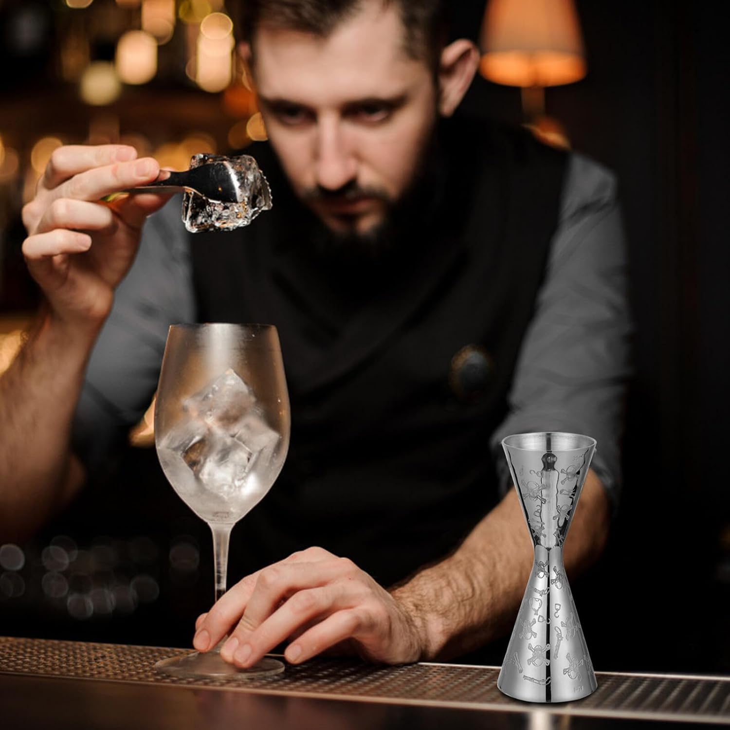 Stainless Steel Double Jigger 30/45ml Cocktail Measuring Cup Bartending Bar Tool Skull Design for Professional Bartender and Home Bar Use