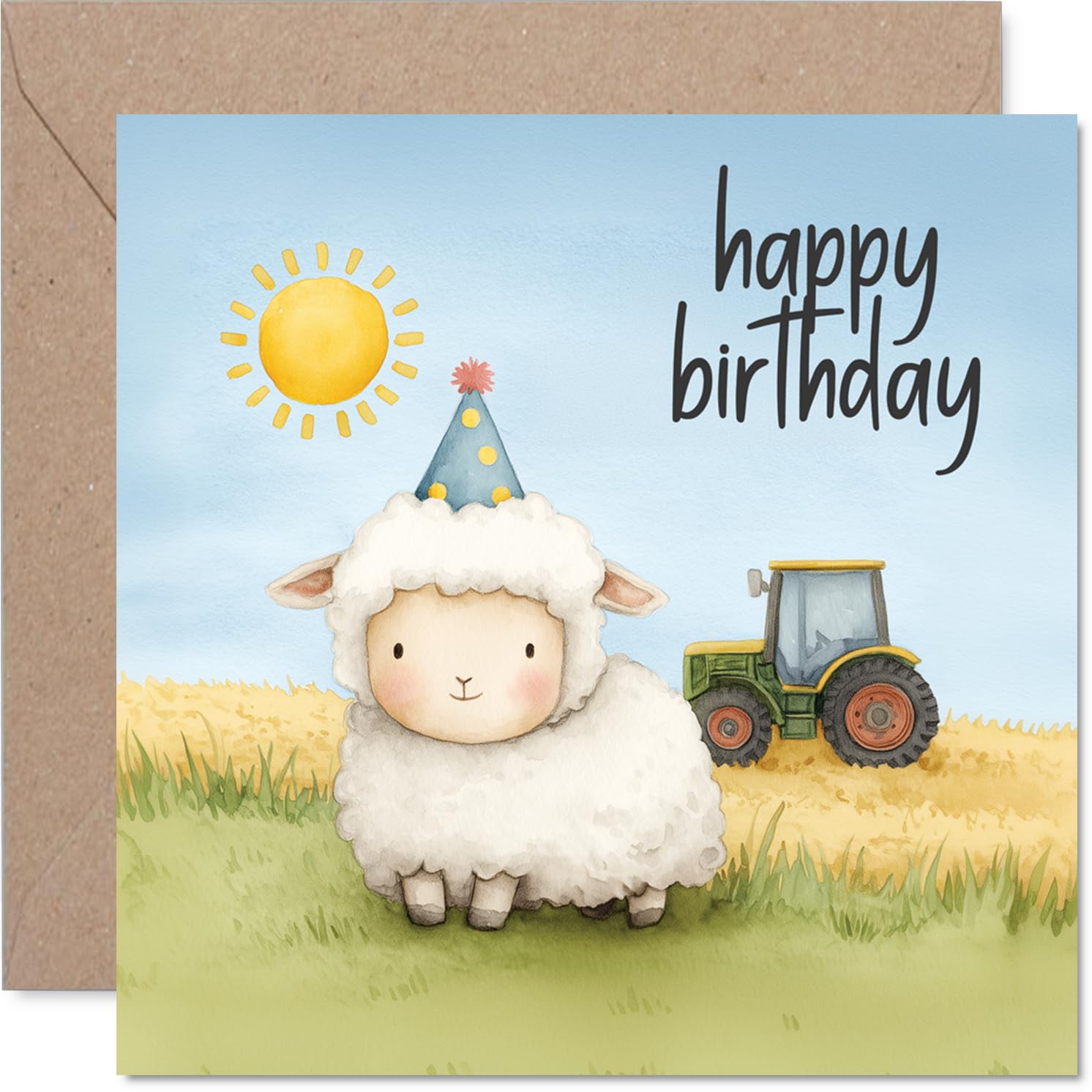Playful Birthday Card - Sheepish Giggles for Their Big Day - Cute Sheep in a Party Hat with Sunny Tractor Scene - 145mm Square, Envelope Included