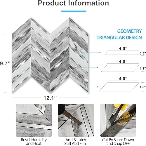 Miniatura 4 de Pelar y pegar, 10 hojas de azulejos de pared de espiga para despegar y pegar de 12.1 x 9.7 pulgadas, azulejos de PVC para salpicaduras de cocina,