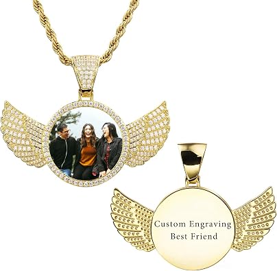 VIBOOS Personalized Hip Hop Memory Pendant Necklace Custom Picture Text for Men Women Custom Photo Copper Angel Wing Heart & Round Medal Rope Chain Jewelry Souvenir Gift