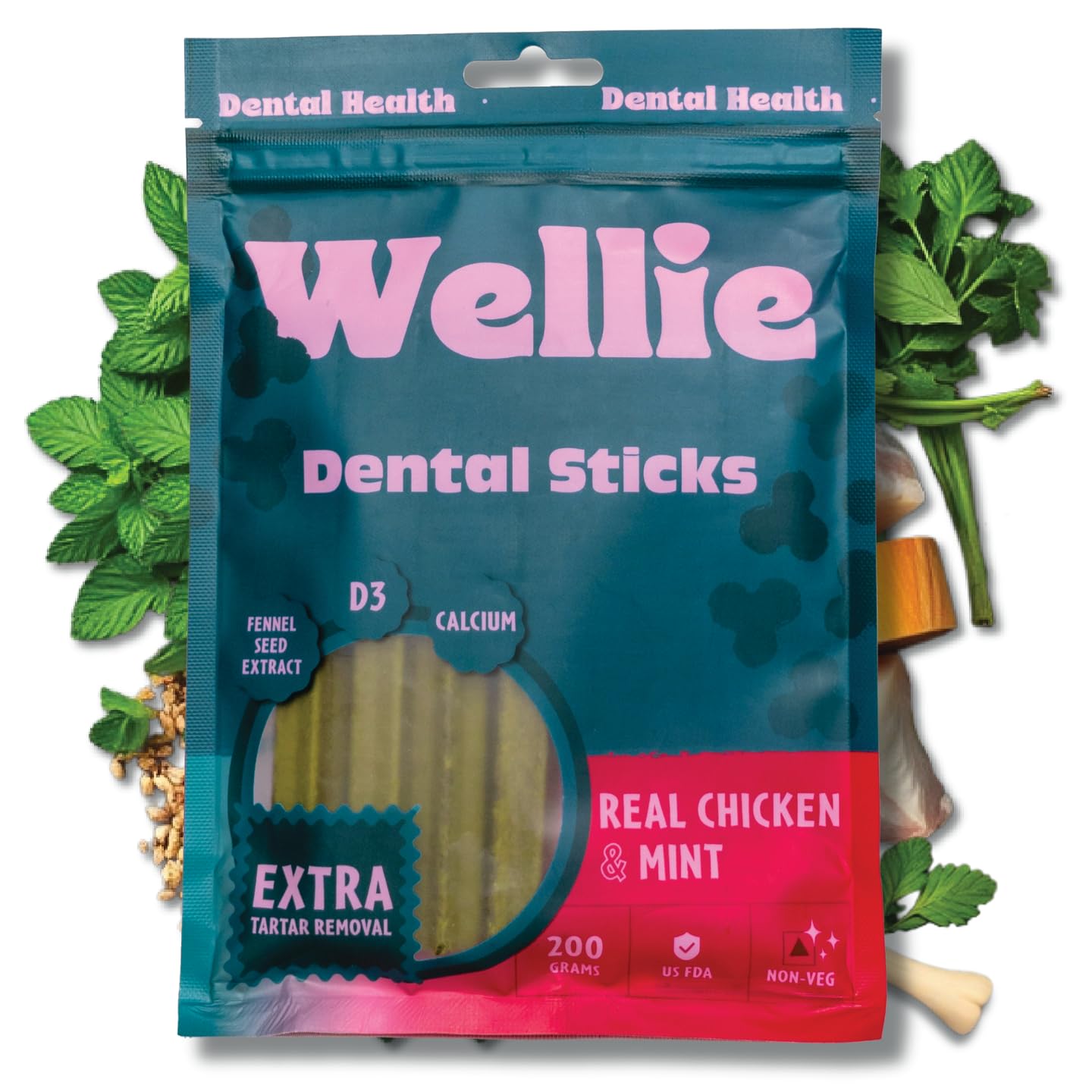 Wellie Dental Sticks for Dogs | Chicken & Mint Flavor Oral Care Chews | Reduces Plaque & Tartar | Freshens Breath | for Strong Teeth & Gums | with Calcium & Vitamin D3 | for All Breeds & Sizes | 200g