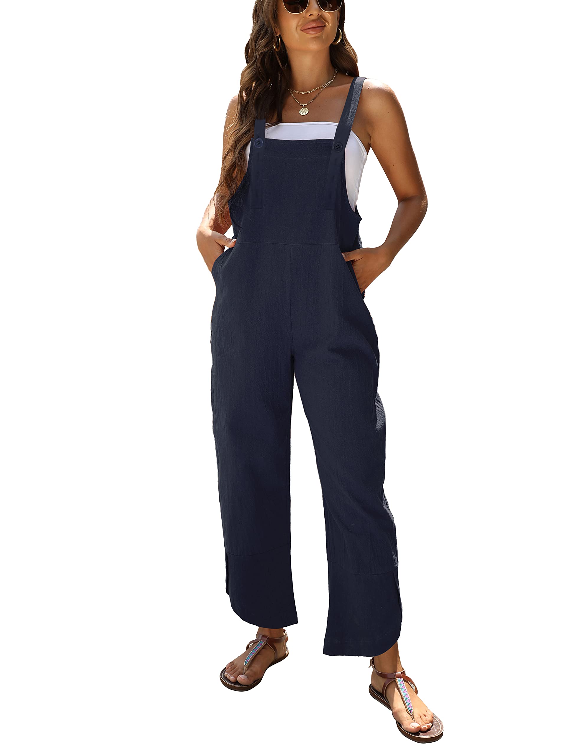 Baggy Loose Linen Overalls for Women Dual Pockets Adjustable Straps Casual Bib Jumpsuit Suspender