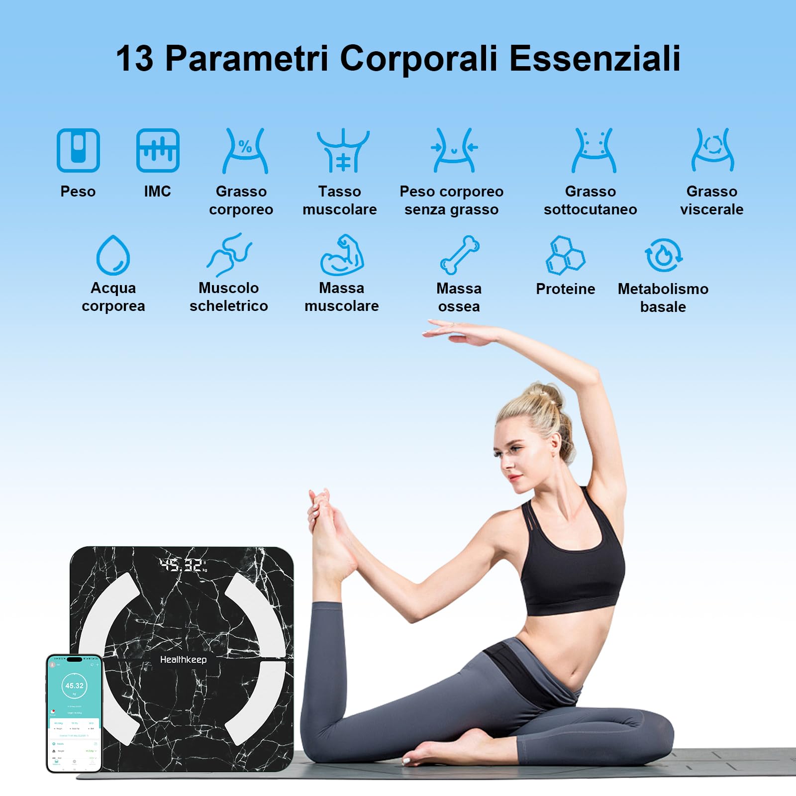 Waga osobowa, Healthkeep Balance Impedancjometr Bluetooth Połączona waga o wysokiej dokładności z aplikacją 13 wskaźników dla Andriod i iOS Max 180kg/400 lb/28st, 28 x 28 cm - czarny marmur