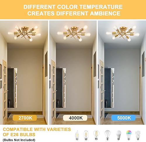 Miniatura 3 de Sputnik Candelabros, lámpara de techo moderna semiempotrada con base E26, lámparas industriales de mediados de siglo para cocina, casa de campo,