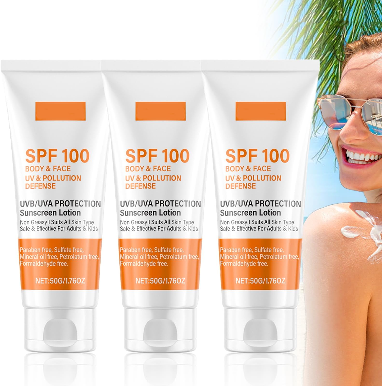 Sunscreen SPF 100 | Sunscreen For Body & Face, Face Sun Lotion Cream with SPF100, Ultra Light UV Protetion Cream, Refreshing And Non Greasy, 50g (3 PCS)