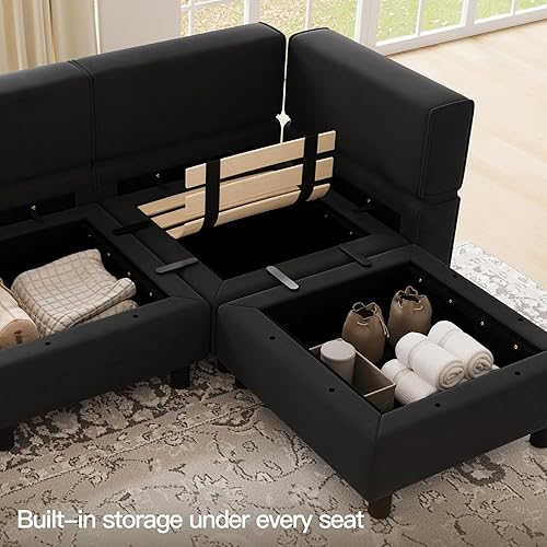 Miniatura 4 de Belffin - Sofá modular en forma de U con diván, reversibles, de terciopelo con asiento de almacenamiento, color negro