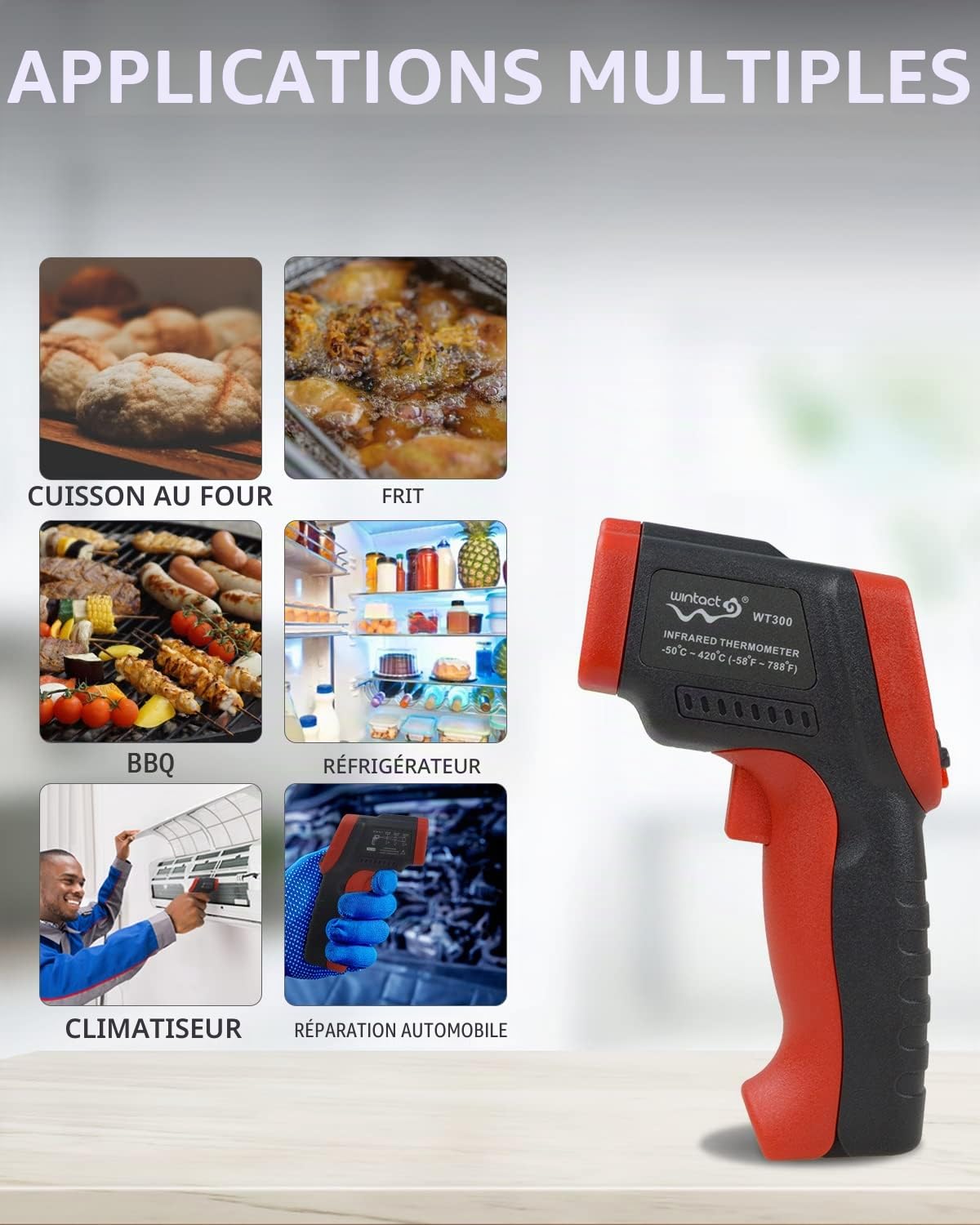 Wintact Thermomètre infrarouge, pistolet thermique numérique sans contact à laser pour cuisine, cuisson aliments, pizzas, fours, grills, réfrigérateurs -50℃ to 420℃ (WT300)