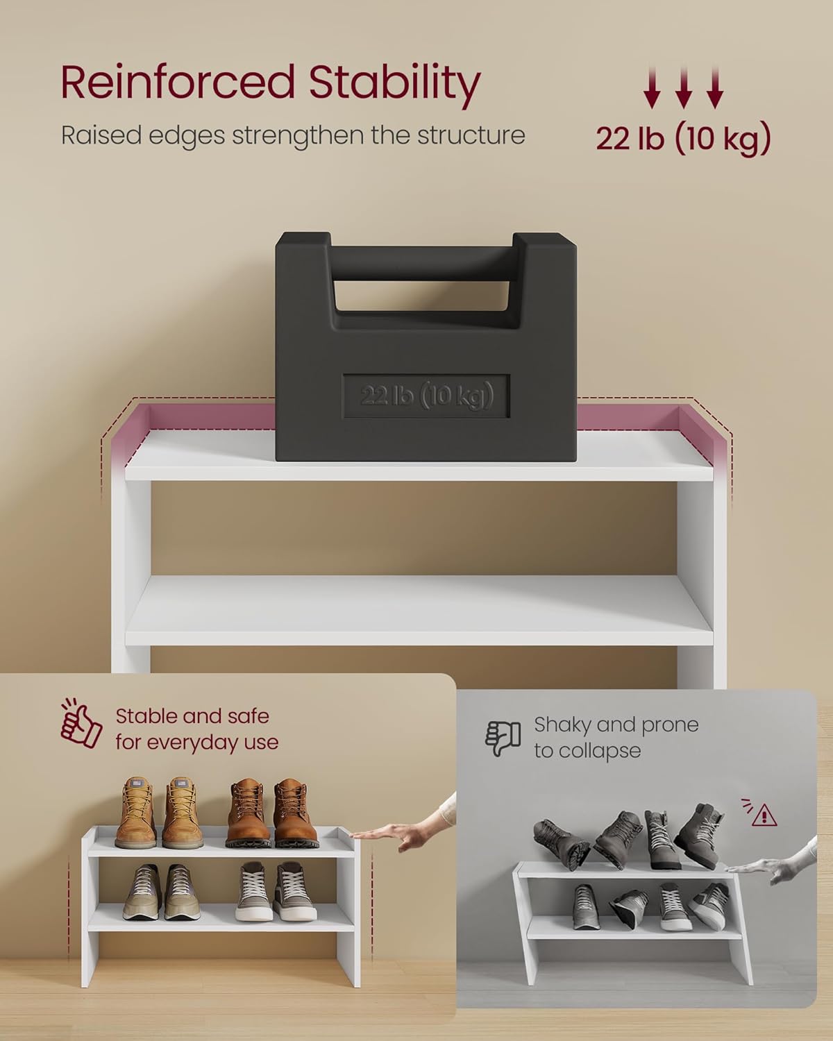 VASAGLE Shoe Rack for Closet, Stackable Shoe Organizer Shelf for Entryway, 2 Tiers, 11.7 x 24.4 x 14.2 Inches, White ULBS062WZ01S