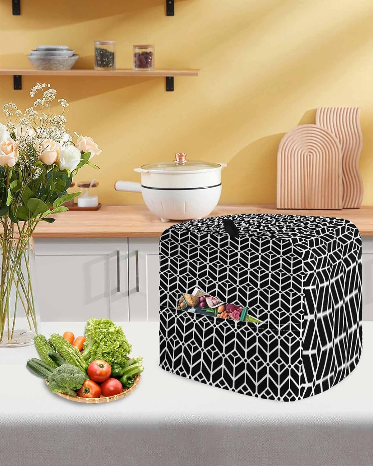 Geometric Stand Mixer Cover with Storage Pocket, Waterproof Kitchen Mixer Covers, Modern Abstract Lines Texture Black Kitchen Appliance Dust Cover Compatible with 5-8 Quart Mixers