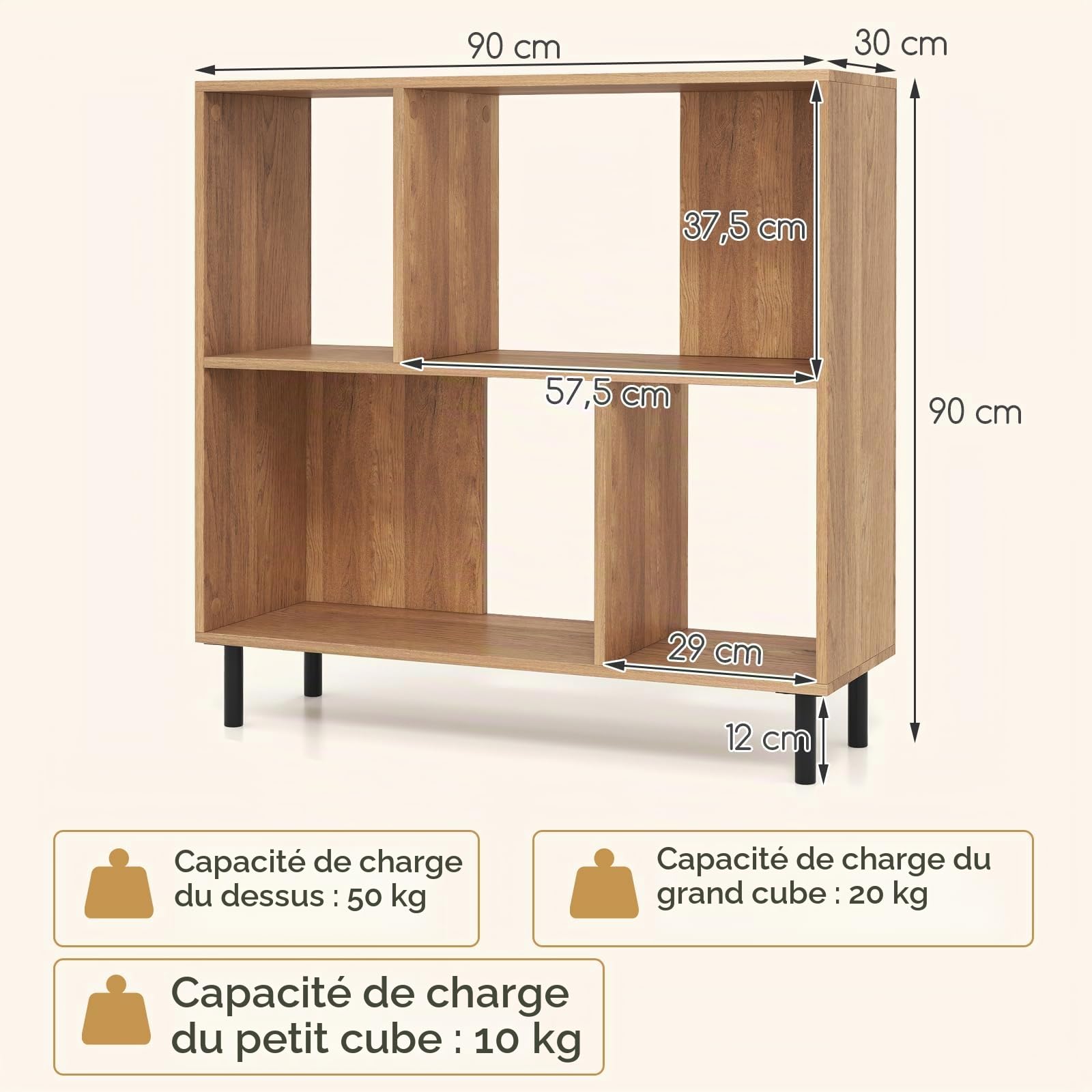 GIANTEX Meuble Étagère à 4 Cubes, Bibliothèque à 2 Niveaux avec Pieds en Métal, 2 Compartiments Semi-Ouvertes, Étagère de Rangement pour Appartements, Dortoirs, Bureaux, 90x30x90 cm (Naturel)
