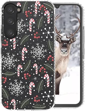 Christmas Phone Case Compatible for Galaxy S23 Clear TPU + Black Camera Frame Protection Anit-Slip Shockproof Phone Cover with Xmas Candy Cane Wreath Print Design