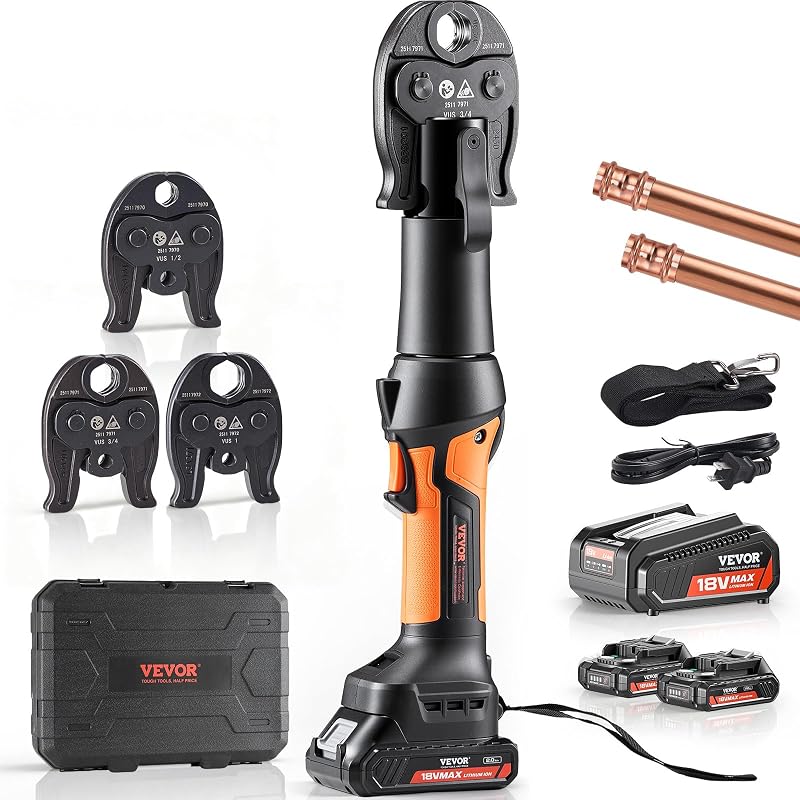 Press Tool, 18V Electric Pipe Crimping Tool for 1/2", 3/4", 1" Copper Pipes, 24KN Press Tool Kit Compatible with ProPress - with 3 Press Jaws, 2pcs 18V 2AH Battery, Fast Charger & Carrying Case | 24KN Press Tool Kit, Compatible with ProPress, Includes 3 Press Jaws, 2pcs 18V 2AH Battery, Fast Charger & Carrying Case