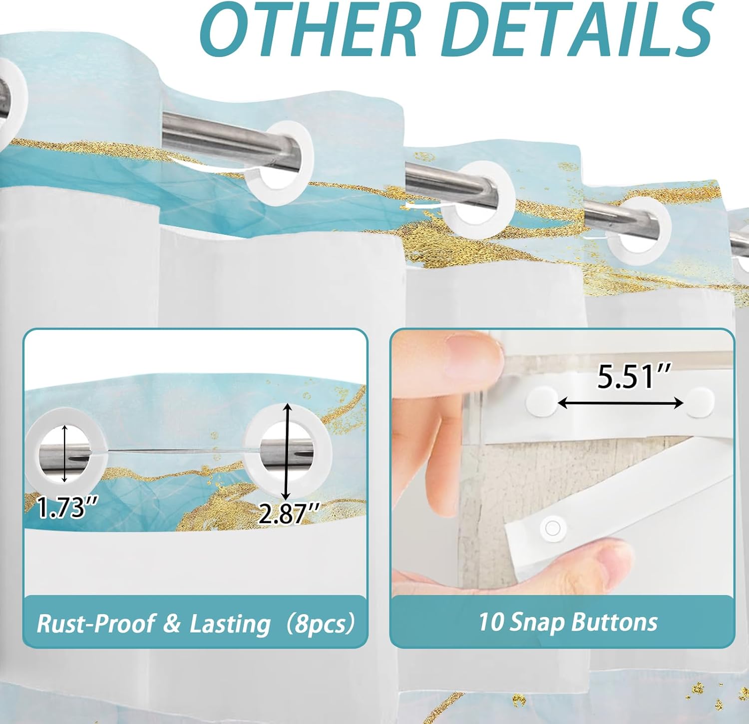Marble Blue and Gold Hookless Shower Curtain with Snap in Liner, Abstract Modern No Hook Double Layer Shower Curtain and Liner Set, Waterproof Cloth Fabric, 60" W x 74" L (Pack of 1)