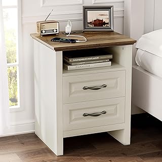 Pipishell Night Stand with Charging Station, Farmhouse Bedside Table with 2 Drawers and Open Storage, Rustic End Table with AC Outlets & Type-C Ports for Bedroom, White & Brown
