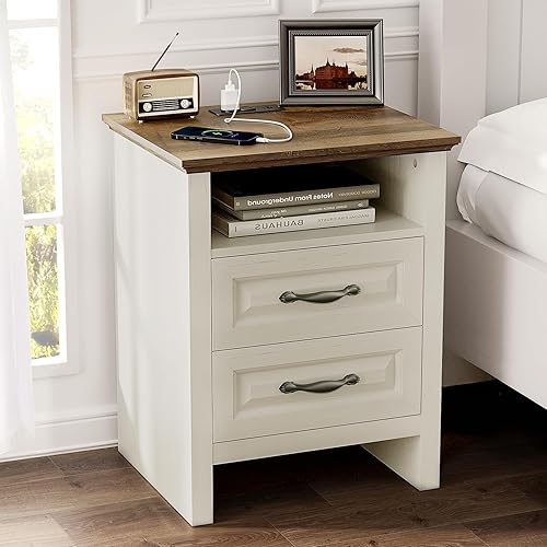 Night Stand with Charging Station, Farmhouse Bedside Table with 2