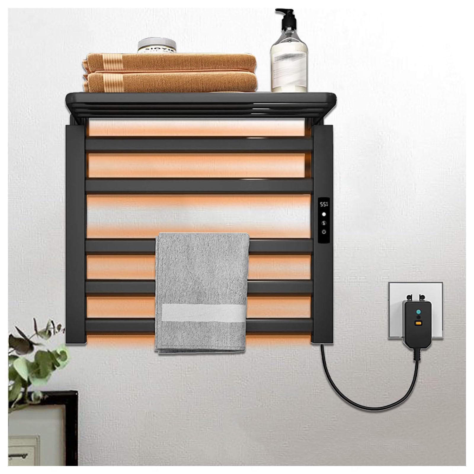 Elektrische Handtuchheizung Bad 500x500mm Temperatur Einstellbar mit Timer, mit Thermostat,LED Touch Anzeige,Black