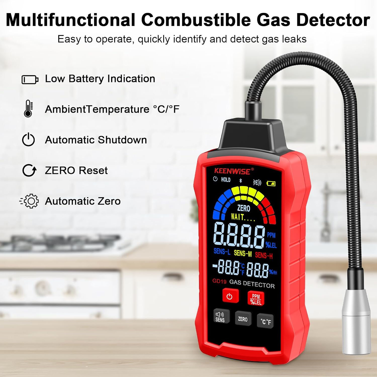 Gas Leak Detector, Natural Gas Detector with Gooseneck, LCD Display, PPM or%LEL Gas Real-Time Gas Concentration Display Portable Natural Gas Tester with Audible & Visual Alarm for Home and RV