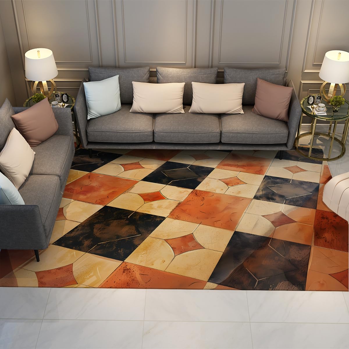Grand tapis salon 180x240cm lavable style vintage motif carrelage