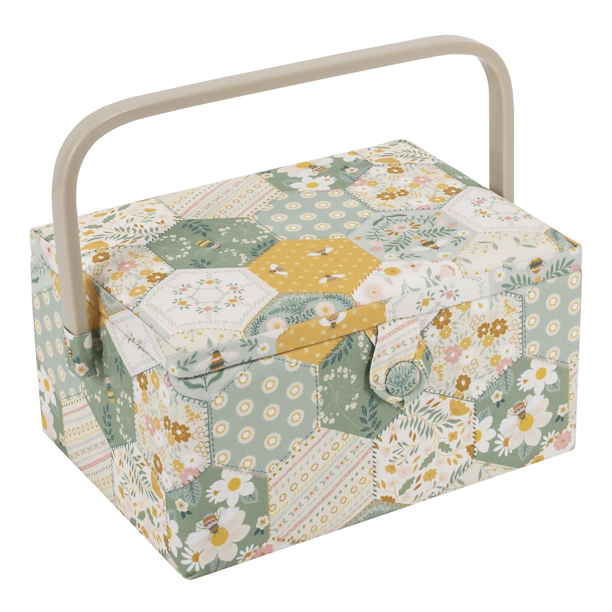 Hobby Gift Patchwork Bees Medium Sewing Box Organiser With Handle - Cotton Basket Sewing Storage Box, Craft Storage Boxes With Compartments For Tools & Accessories - 18.5 X 25.5 X 14.5Cm,