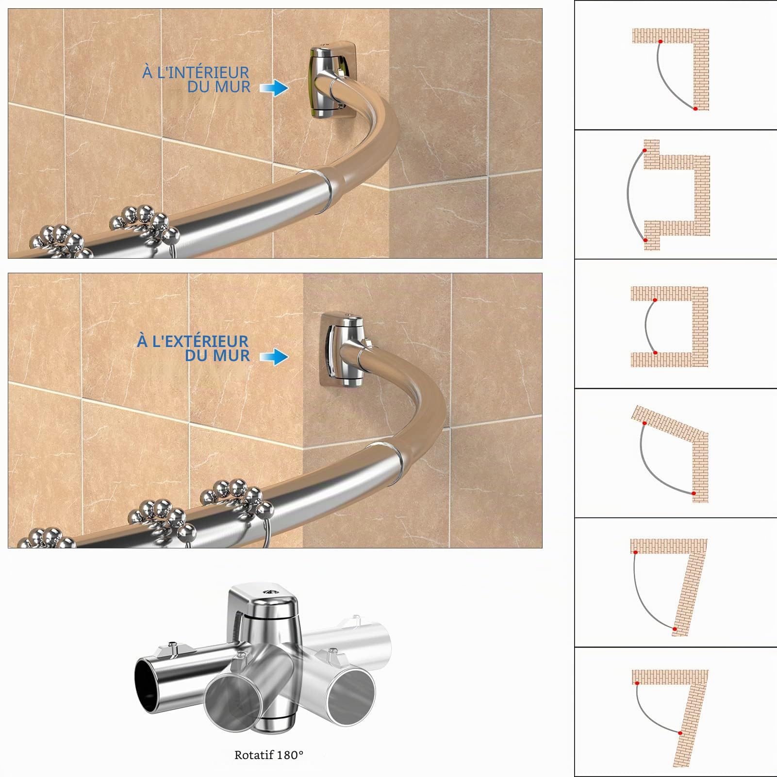 Tringle à rideau de douche incurvée réglable et extensible en acier inoxydable de 110 à 180 cm, design télescopique exquis personnalisable pour salle de bain, besoin de percer.