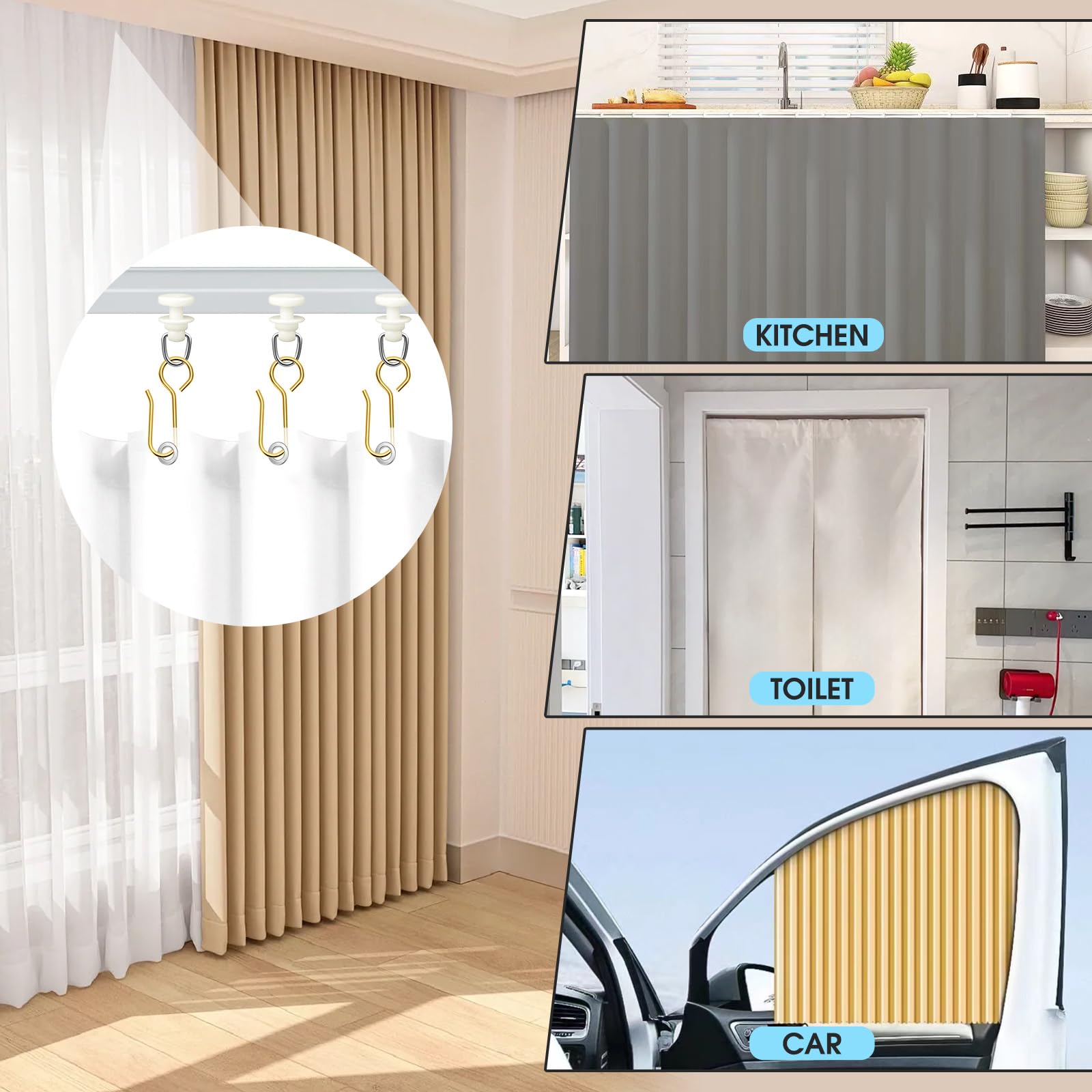 Mooshy 120 sztuk haczyków do firanek na szyny, 60 sztuk, plastikowe zasłony, ślizgacze z 60 sztukami, złote, metalowe rolki do zasłon okiennych, zasłony prysznicowej, nadają się do łazienki i WC