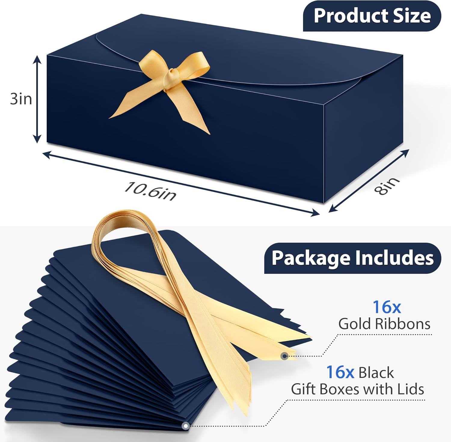 SWANGSA 16Pcs Gift Boxes with Lids, 10.6''x7.8''x3.1'' Blue Kraft Paper Gift Box, Bridesmaid Proposal Box with Ribbon and 70pcs Adhesive Dots, for Wedding, Packaging, Present, Birthday, Cupcake Boxes