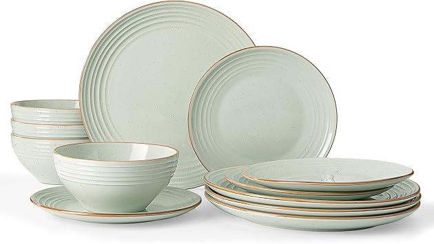 Richmount Jupiter Plates and Bowls Set, Reactive Glaze Dinner Set for 4, 12 Pieces Stoneware with Gold Rim, Scratch Resistant Dinnerware Service for 4, Microwave & Dishwasher Safe, Light Green