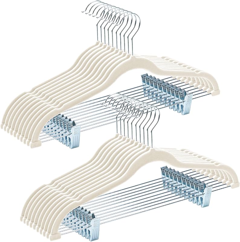 HOUSE DAY Velvet Skirt Hangers with Adjudtable Clips 20 Pack, Ivory | Non Slip Suit Organizer with 360° Hook, Heavy Duty Hanger for Pants, Skirts, Shorts, Outfit Hangers All-Season Space Saver