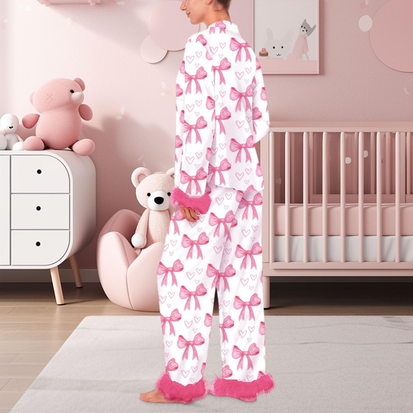 Conjunto de pijama de seda para mujer con diseño de corazón y lazo, camiseta de manga larga y pantalones, ropa de dormir de 2 piezas, pijama de satén lujoso para mujer, estampado de corazón y