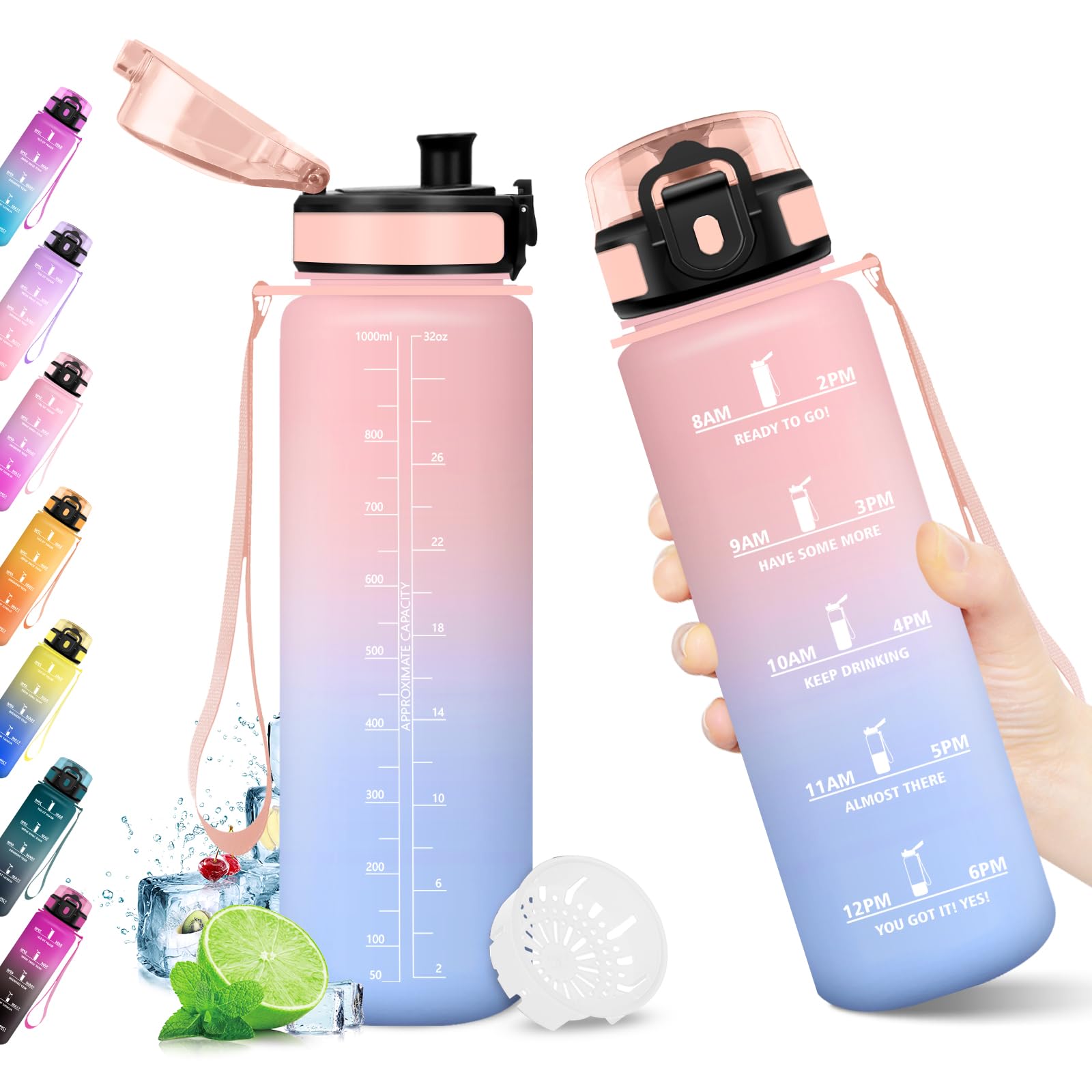 Borraccia 1L, Riutilizzabile, Bottiglia con Filtro, Borraccia con Indicatore del Tempo Motivazionale senza BPA, A Prova di Perdite, ideale per Adulti, Bambini, Scuola, Ufficio