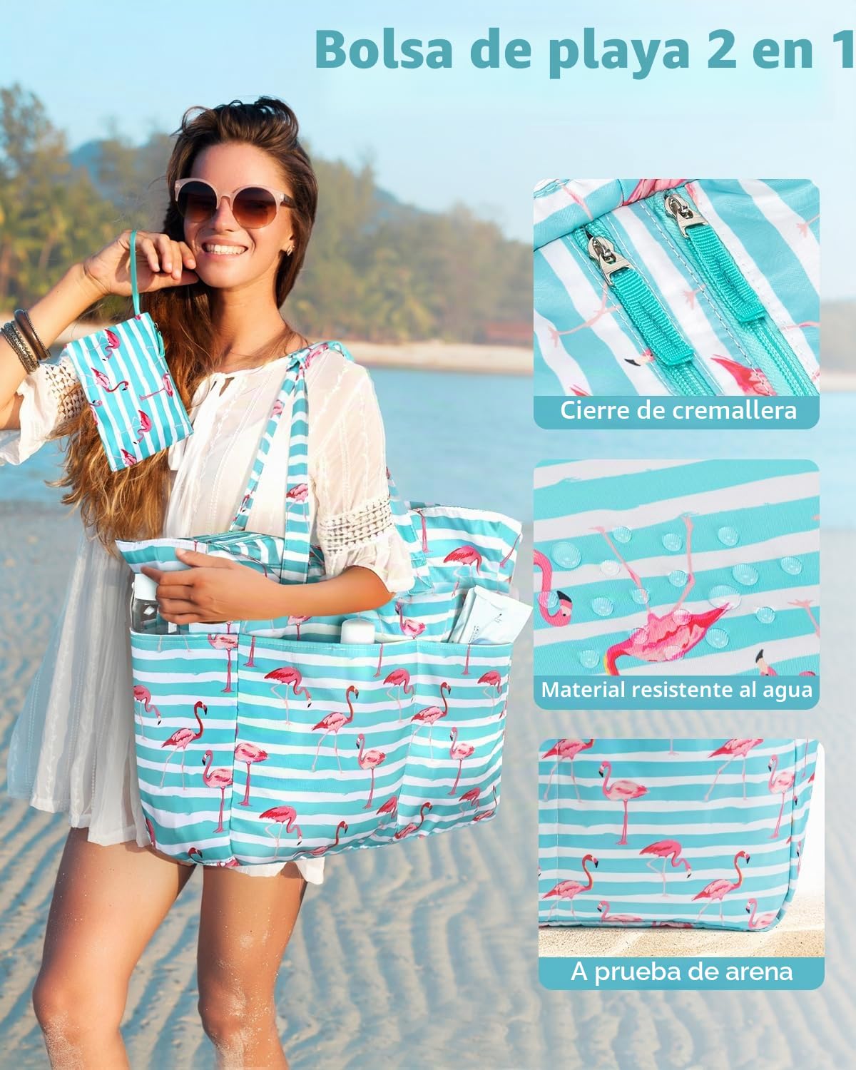 KABAQOO Bolsa de Playa XXL Familiar con Cremallera y Compartimento Impermeable, Bolsa Piscina Mujer Bolso de Mano Shopper Grande Plegable y Ligero para Viajes y Natación, Flamenco verde y blanco