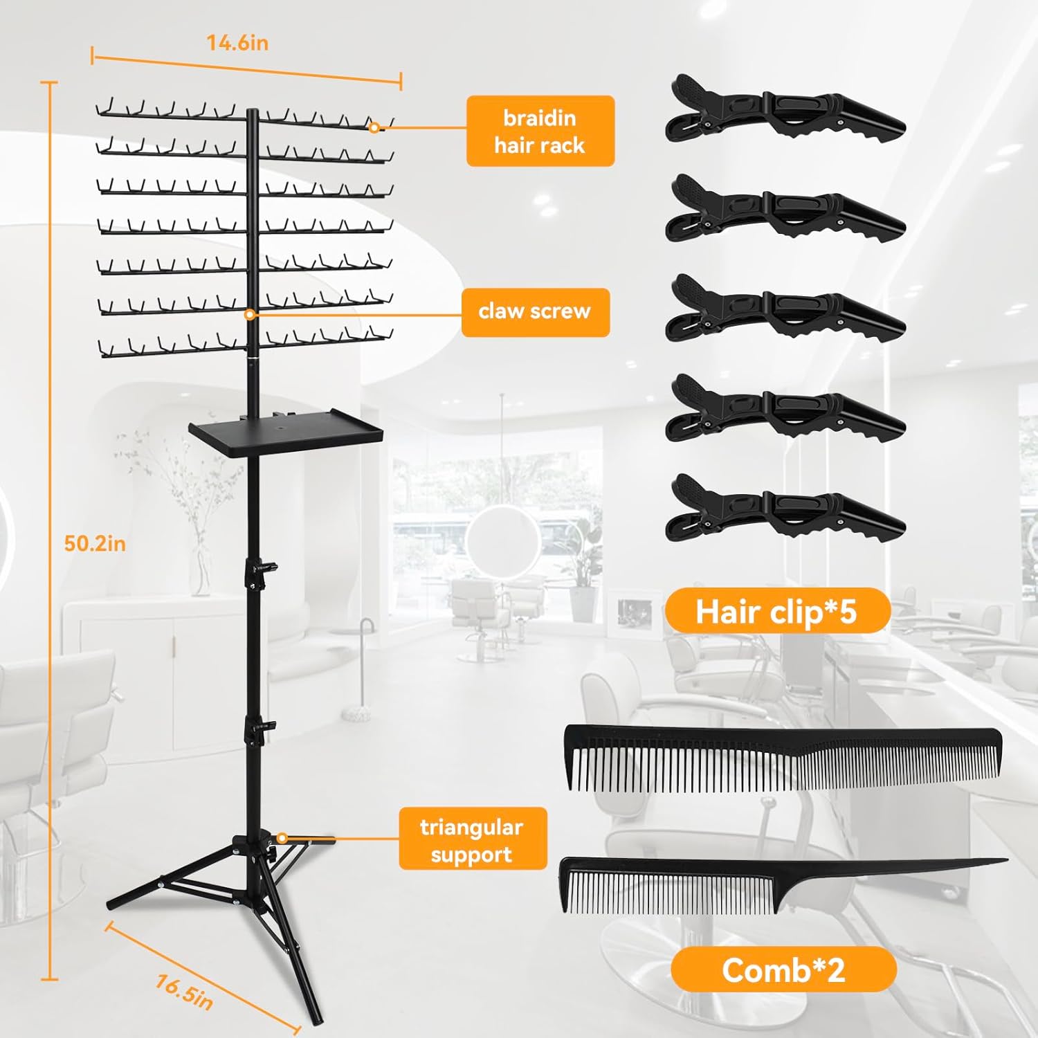 BRIAN & DANY 140-Peg Braiding Hair Rack Standing, Height Adjustable Hair Extension Holder with Salon Tray, Hair Separator Stand for Hairstylist Braiders, Black
