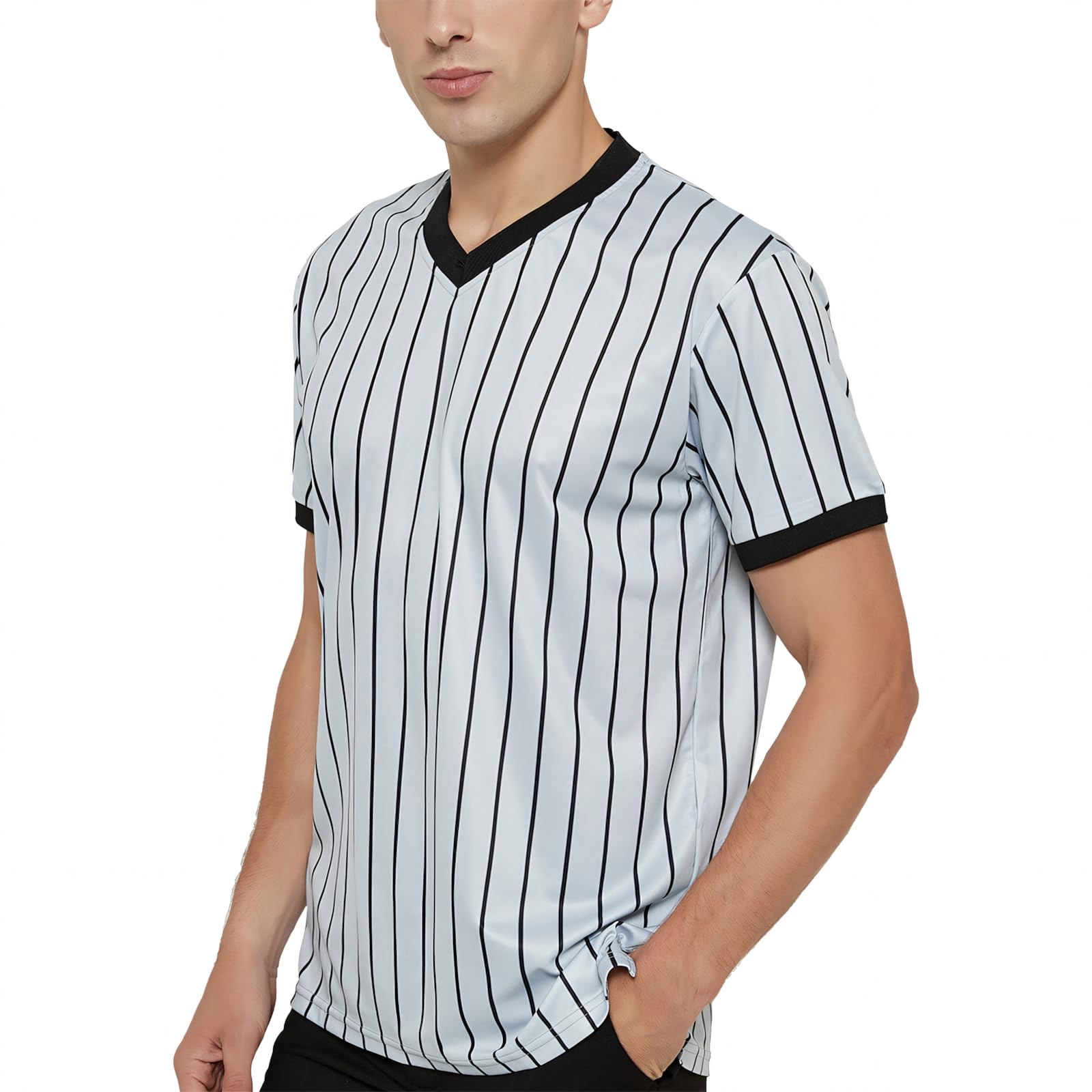 TOPTIE Basketball Referee Jersey, Officials Grey V-Neck Performance Shirt with Black Pinstripes-image-43