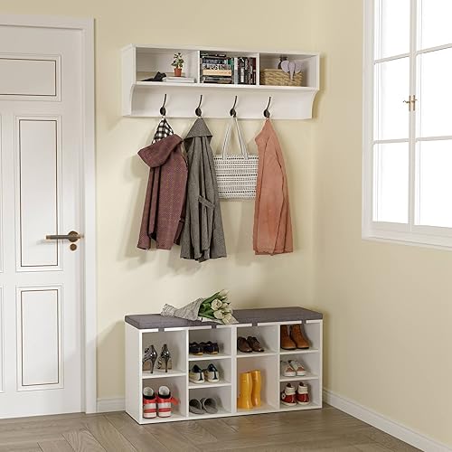 Miniatura 6 de IDEALHOUSE Banco de entrada con almacenamiento, banco de zapatos con cojín, gabinete de asiento de cubo, estante ajustable de 3 niveles para