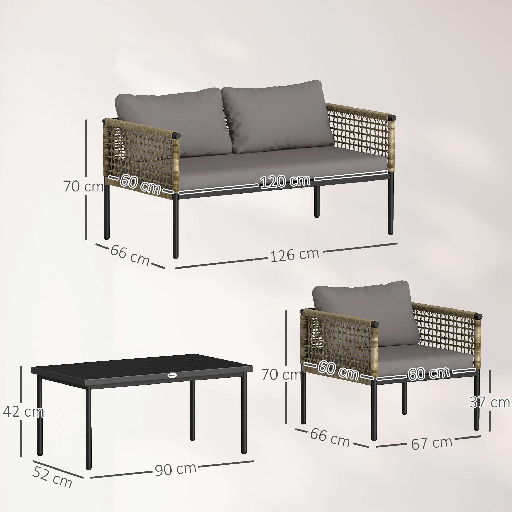 Outsunny Conjunto de Jardín Exterior de Ratán Sintético Natural y Gris | 4 Piezas, Muebles de Jardín Exterior, Incluye 1 Sofá Doble, 2 Sillones, Mesa de Centro con Cojines