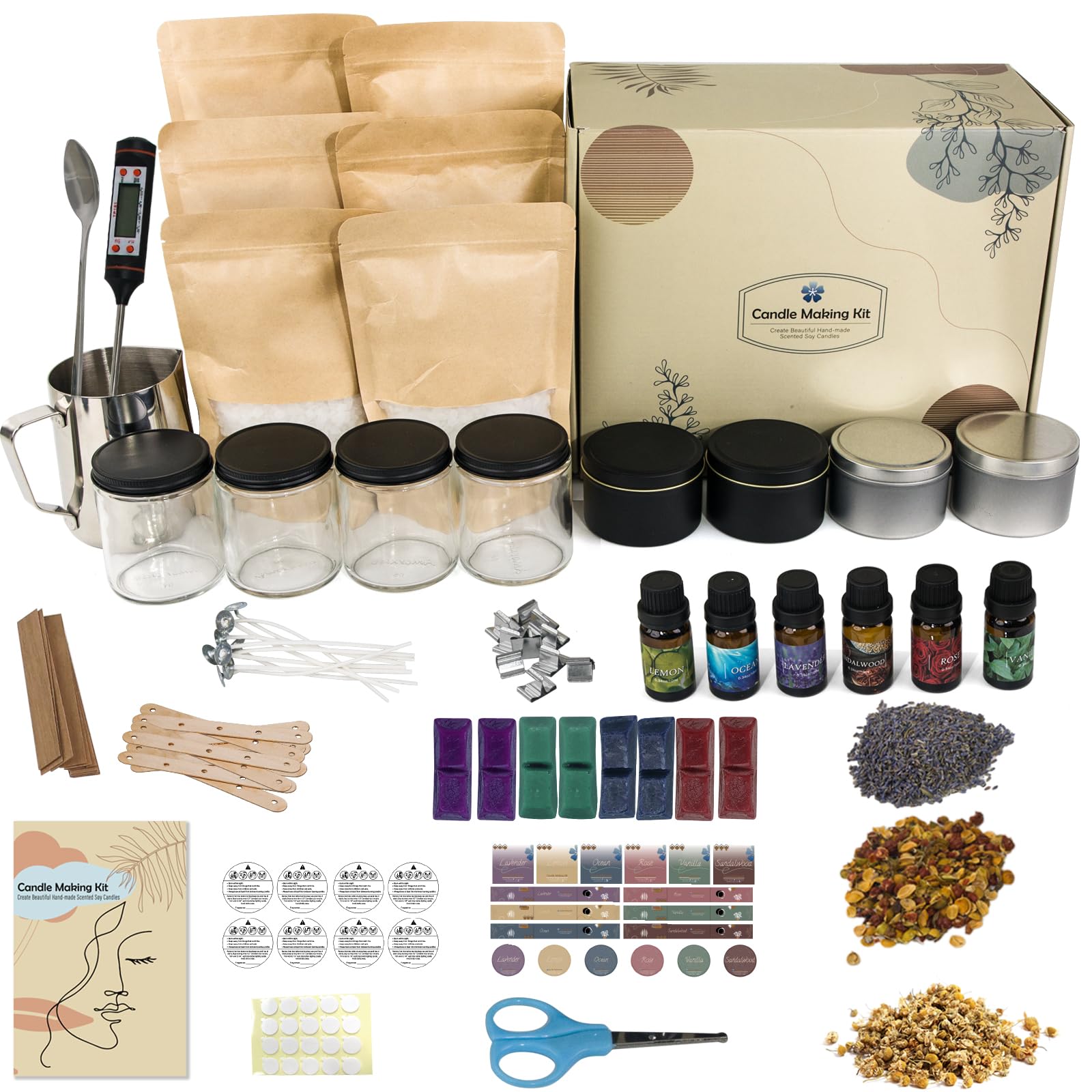 YINUO LIGHT Candle Making Kit - DIY Starter Soy Candle Making Supplies/Kit - Soy Wax, 8 Jars & Tins, 6 Pleasant Scents, Color Dyes & More, Perfect Candle Making Kit for Adults