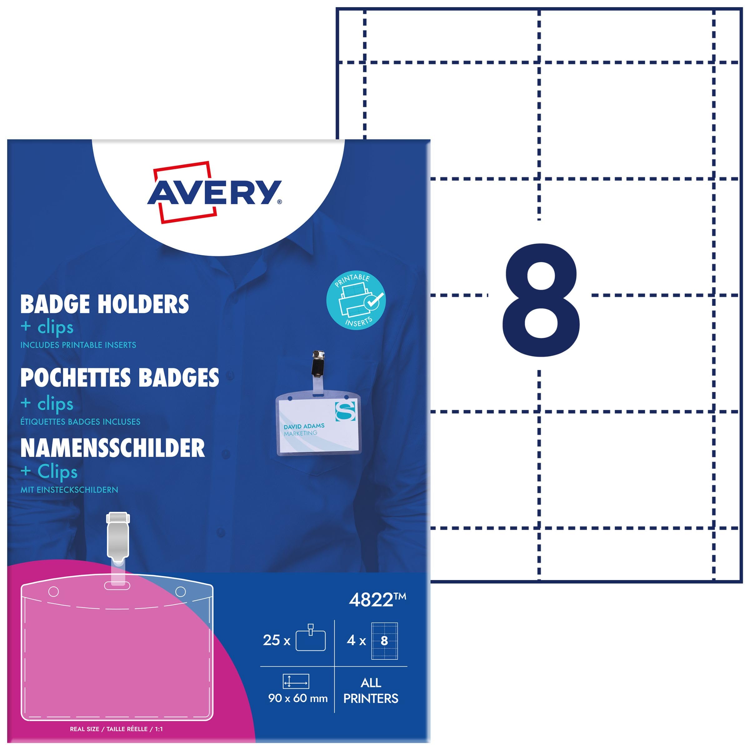 AVERY - Badges avec pince métal - plastique souple transparent - 32 inserts imprimables - 60x90 mm - Impression laser / jet d'encre. (4822)