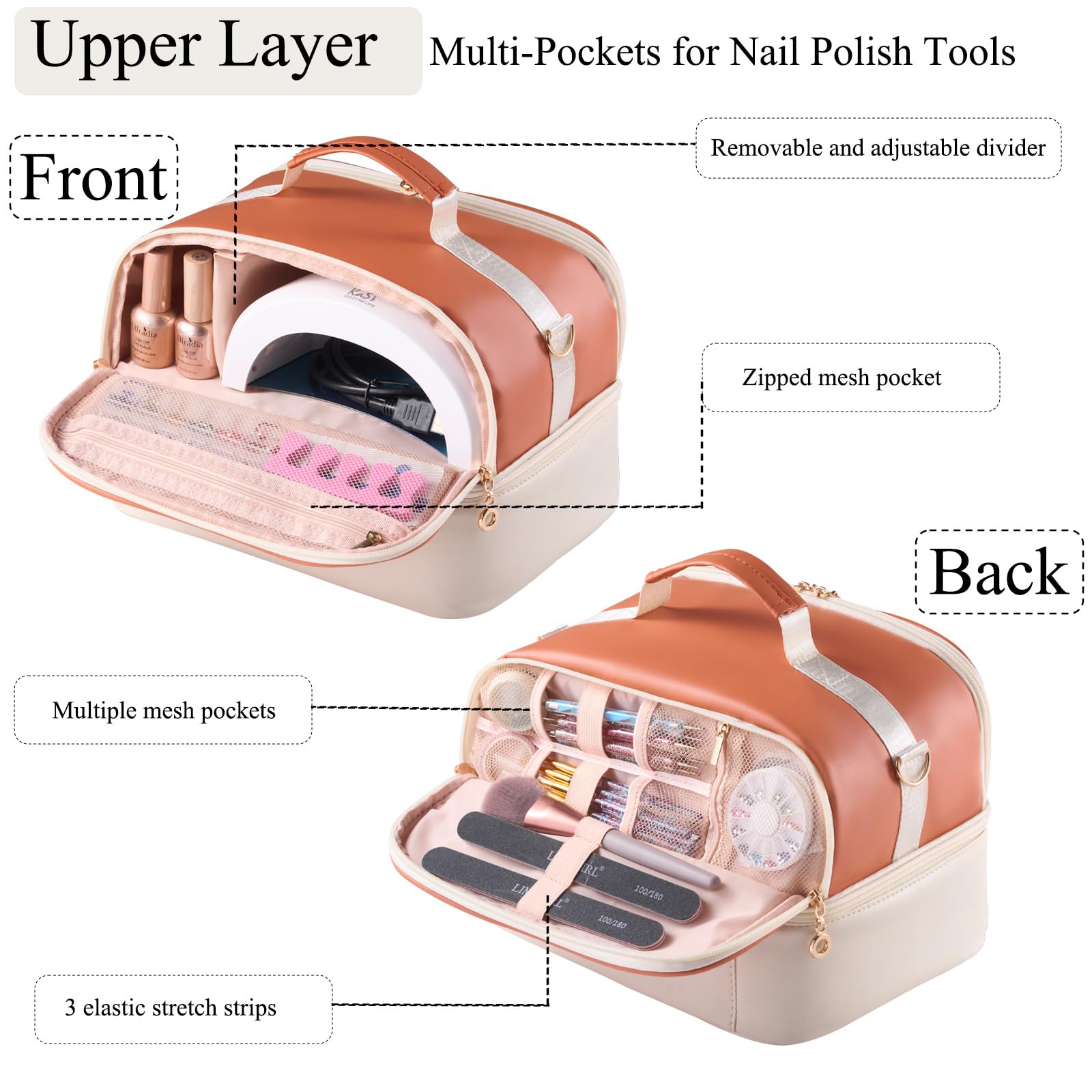 Nail Polish Organizer Holds 30 Bottles (15ml) and 1 Nail Light Nail Polish Carrying Case with Storage Pockets for Manicure Tools Double Layer Nail Storage Travel Bag with Handle (): Brown+Beige (35Bottles）
