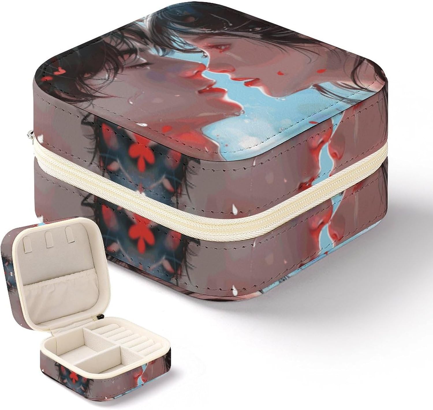 Anime Style Couple Jewelry Box Leather Jewelry Case for Women Travel Mini Jewelry Organizer Boxes Display Storage Case to Store Rings, Necklaces, Earrings