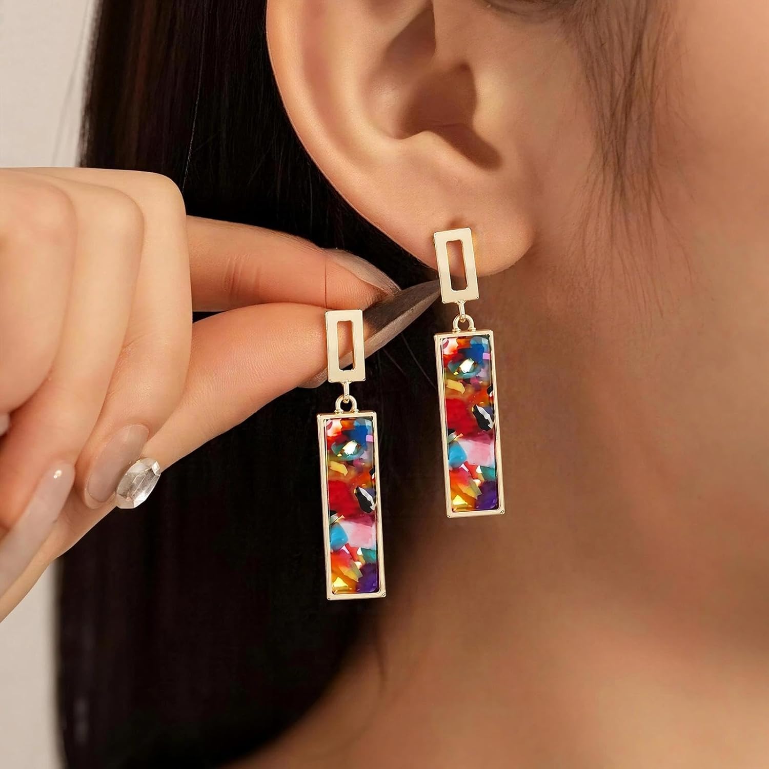 Coiris Clip on Dangle Earrings for women Colorful Rectangle Geometric Resin Dangle Boho Hypoallergenic Nonpierced Earrings for Sensitive Non-Pierced Ears - Image 2