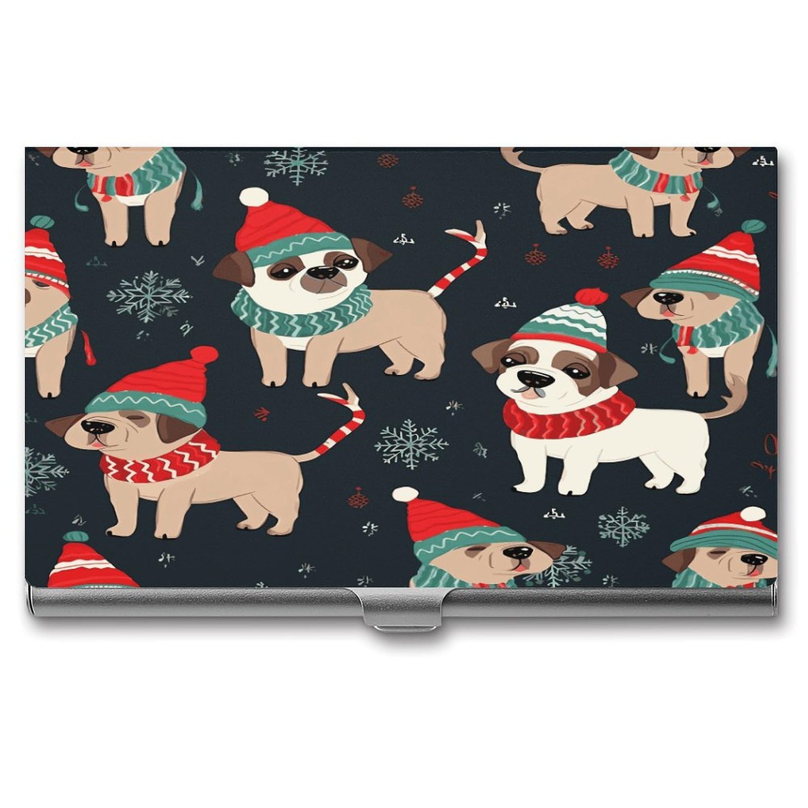 LDGSUPH Merry Christmas Dog Business Card Holder Fashion Slim Name Card Holder Minimalist Design Case Metal Card Carrier Personalized Business Card Case with Flip for Men Women