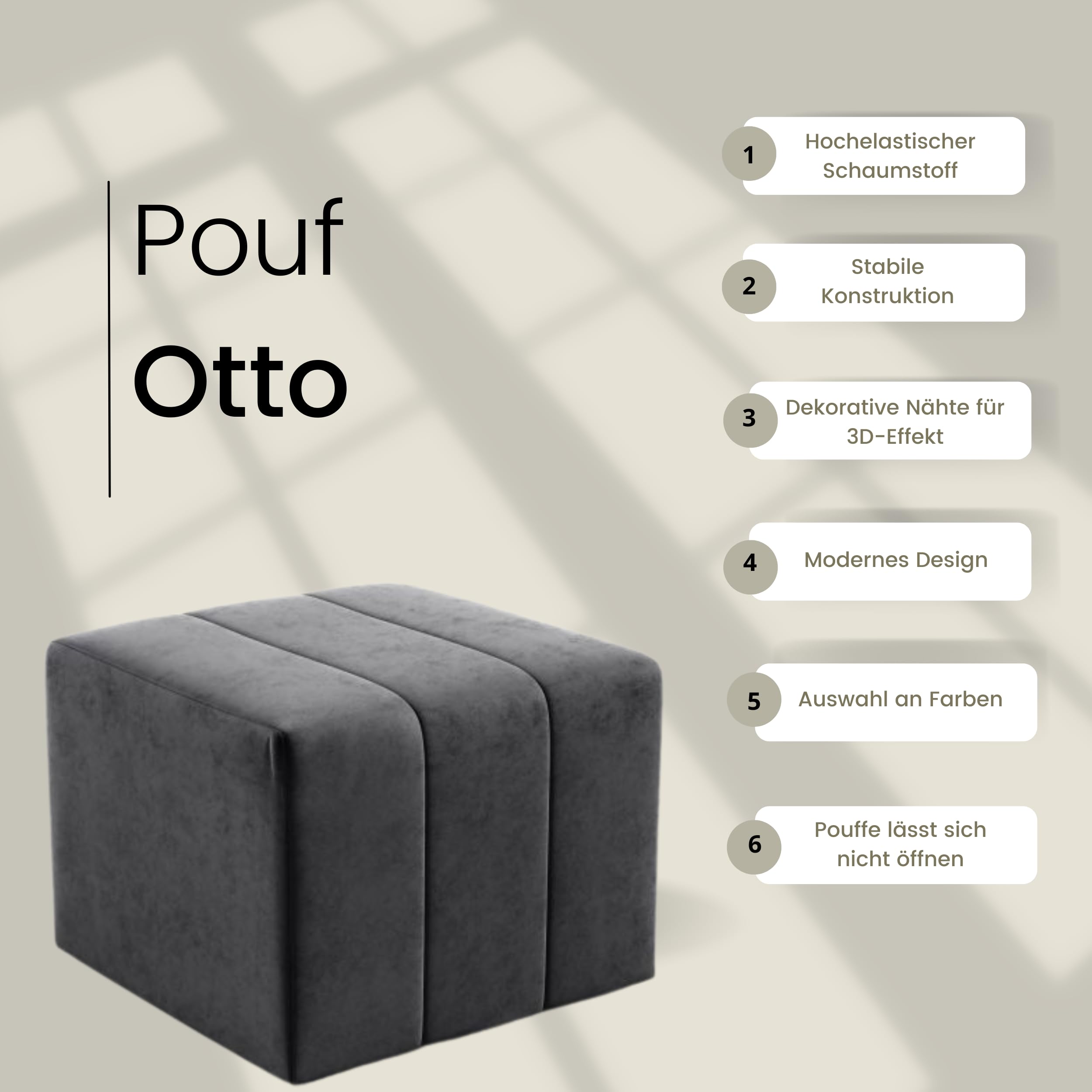 LIKMA Pouf, Hocker Beige 46x35x46 cm, 3D-Effekt Velvet Sitzhocker, Fußhocker, Pouf Hocker, Polsterhocker, Moderne Sitzbank, Garderobenbank, Ottoman Stoff: Jasmine 22