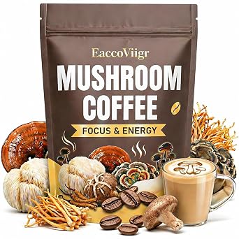 EaccoViigr Instant Mushroom Coffee, 30 Servings Organic Arabica Coffee with 6 Adaptogenic Mushrooms Cordyceps, Ganoderma, King Oyster, Shiitake, Turkish, Lions Mane for Focus, Energy & Vitality - 180g / 6.35oz