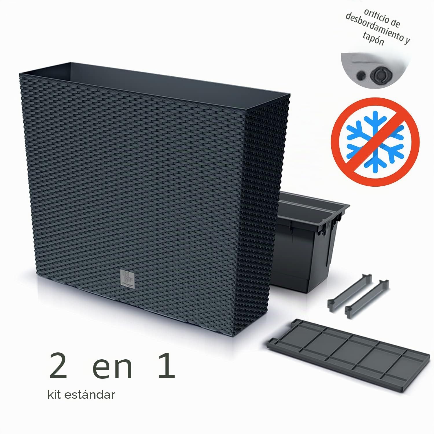 Juego de 3 macetas rectangulares para flores y plantas en T, de plástico, 58 x 18 x 49,8 cm, para interior y exterior, color negro, volumen 44 litros, diseño moderno