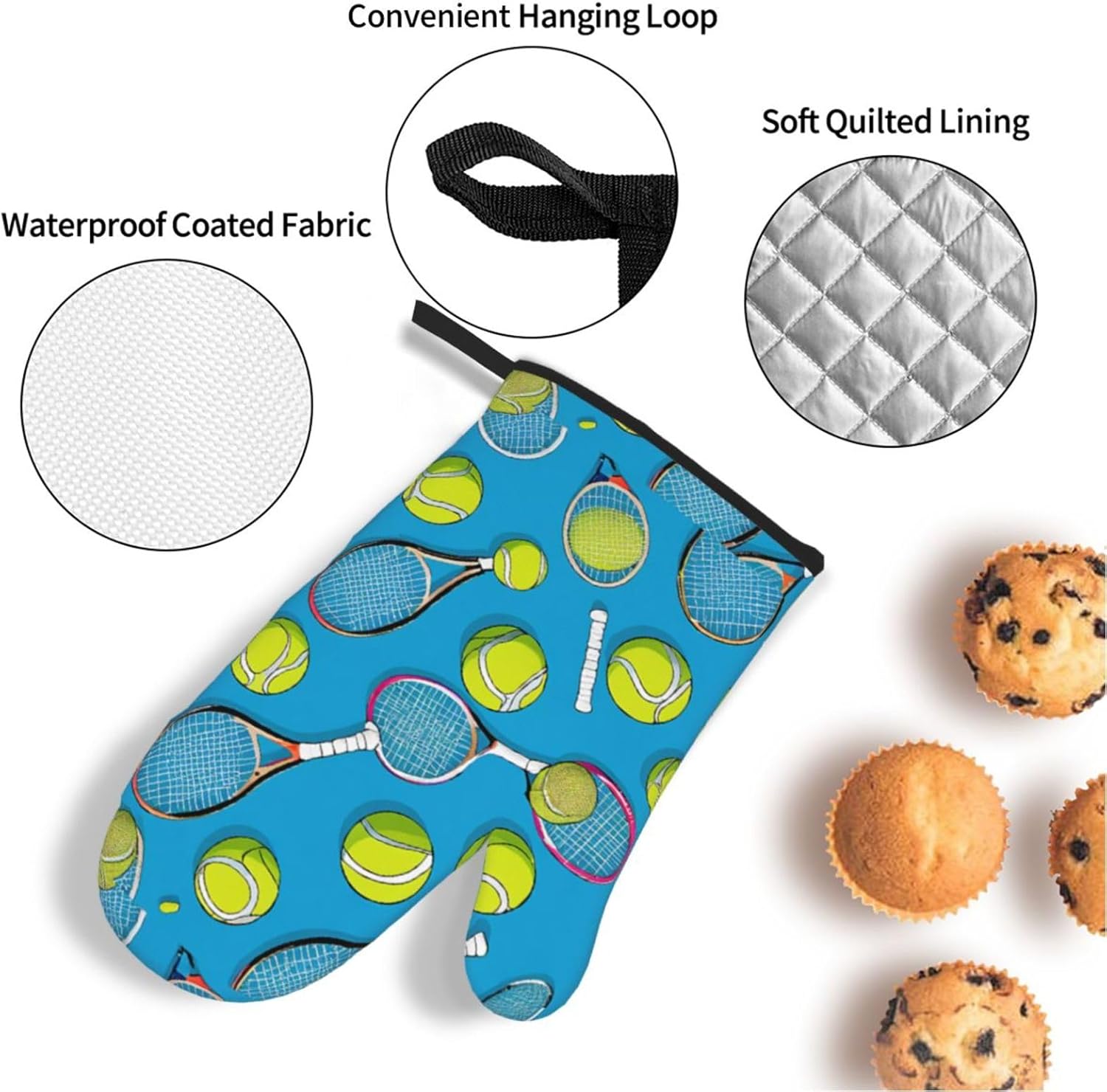 (Funny Tennis Racquets and Tennis Balls) Baking 4-Piece Set: 2 Oven Mitts and 2 Pot Holders Heat Resistant Waterproof Hanging Loop for Kitchen Oven Grill Housewarming Gifts